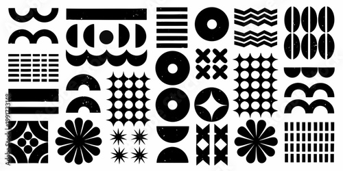 Abstract arrangement of geometric shapes in black and white