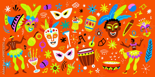 A vibrant and colorful illustration depicting brazilian carnival celebration elements