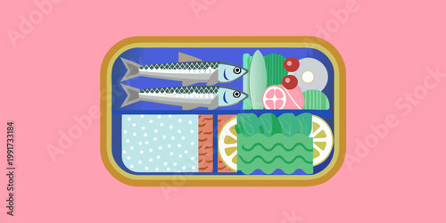 A colorful bento box containing fish vegetables and rice is displayed