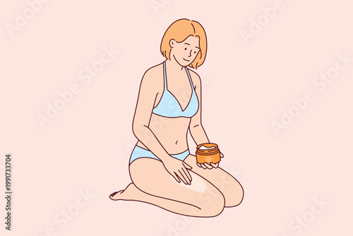 Female character in swimsuit sitting on sand and putting sunblock on skin. Summer vacation skincare routine for sun protection and burn prevention.