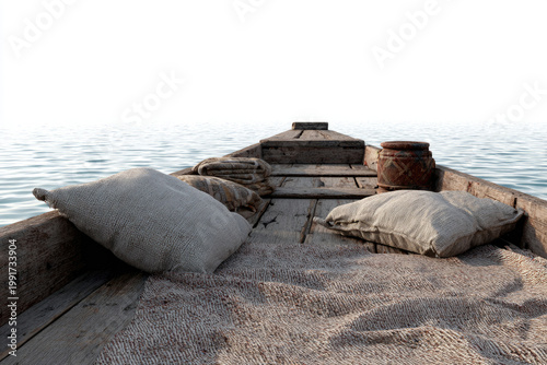 Plaid and pillows in a wooden boat on calm water. Space for text.