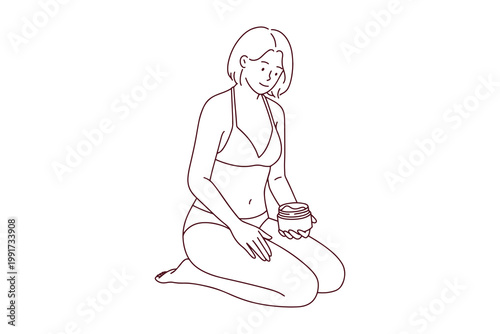 Coloring page of a woman in a swimsuit sitting on sand applying sunscreen. Black and white line art for sun safety and summer skin care education.