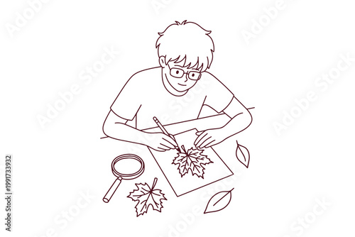 Schoolboy studying nature and drawing fallen leaves. Kid using magnifying glass to see details of autumn foliage. Back to school and art education line art.