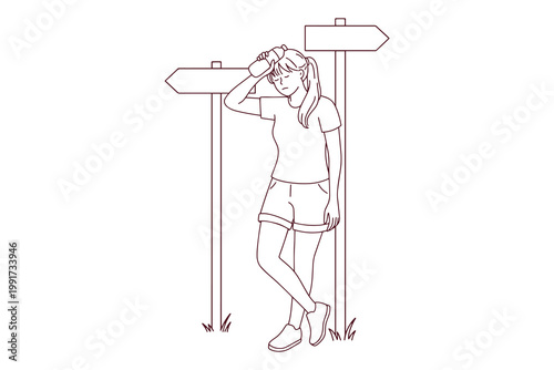 Young woman resting near direction signs during summer heat. Exhausted girl cooling off with water bottle during mountain hike at road crossing. Line art for coloring.