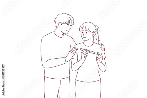 Husband provides emotional support to his wife during IVF hormone injection. Concept of fertility treatment, couple healthcare, and pregnancy planning line art.