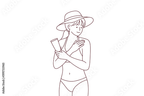 Woman with tan skin putting sunscreen on shoulder during sunny day. Concept of skin protection from UV rays and prevention of sunburn for summer health. Line art.