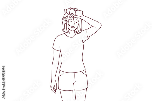 Tired woman cooling herself down with a water bottle against her forehead. Concept of heat exhaustion, dehydration, and staying cool during summer line art.
