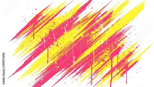 Abstract Paint Splatter and Brush Stroke Background with Pink and Yellow Hues on White Canvas