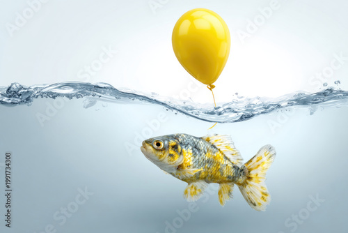 Fish underwater with a yellow balloon.