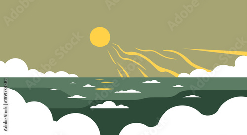 sunny ocean landscape with clouds and sun rays