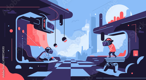 Futuristic cityscape with robots and neon lights
