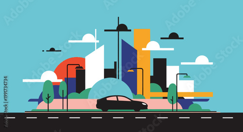colorful cityscape with car on road and buildings