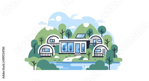 Eco friendly house with solar panel on green hillside