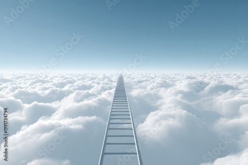 A staircase among the clouds, going to the horizon. Space for text.