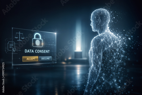 Digital Ghost translucent particle silhouette with holographic data consent interface symbolizing death-data consent AI ethics posthumous rights and bereavement tech regulatory debate