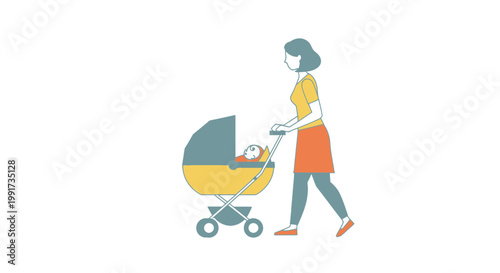 Mother, baby stroller, flat design, vector illustration, parenting, childcare