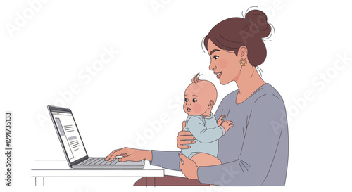 Working mom, woman with baby, laptop, remote work, parenting, illustration, vector, flat design
