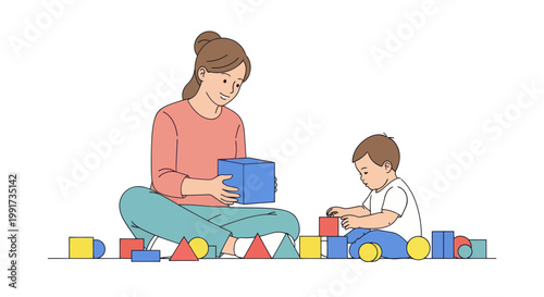 Mother and child playing with colorful blocks, educational toys, kids learning, parenting moments