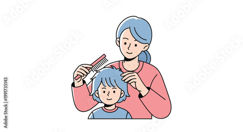 Mother, woman, cutting, hair, kid, blue, vector, illustration, hairstyle, salon