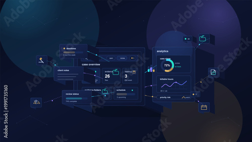 Dark legal workflow dashboard interface with case overview, analytics cards, floating task panels, and neon data connections on abstract background