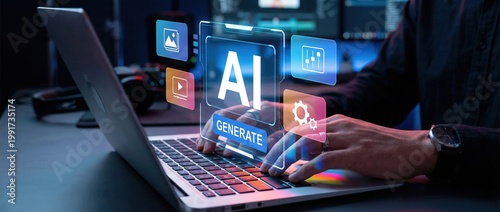 Harnessing ai technology for creative content generation at home office digital workspace interactive media modern environment close-up view innovation in productivity