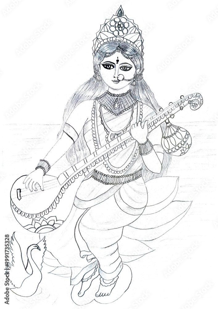 Fototapeta premium sketch of maa saraswati playing bina sitting on lotus