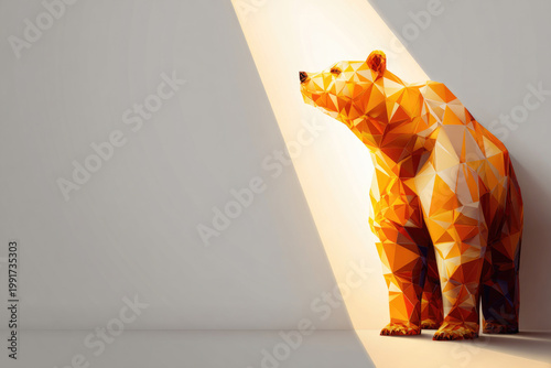 Polygonal bear under a light beam on a light background. Space for text.