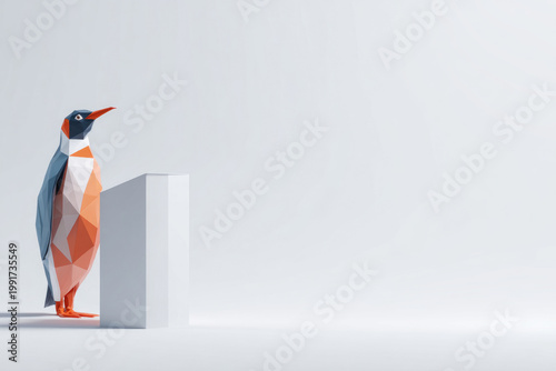 Polygonal penguin next to a white rectangular podium. Space for text.