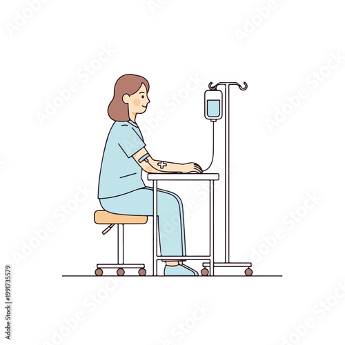 A woman sits on a stool donating blood with an IV drip attached to her arm connected to a pole with a bag in a clinical setting.