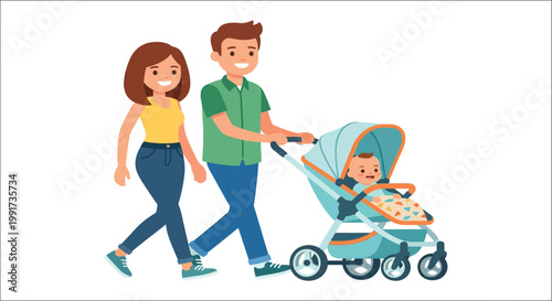 Happy family stroll parents with baby in a pram