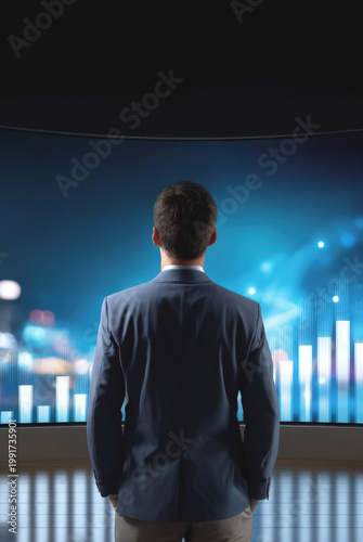 A businessman in a dark suit stands facing a large curved screen displaying glowing bar charts.