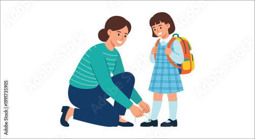 Mother helping daughter with school supplies and preparing for education