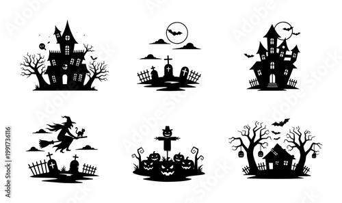 Halloween silhouette icons set, spooky haunted house and cemetery graveyard vectors, black witch and pumpkin illustrations for holiday decor