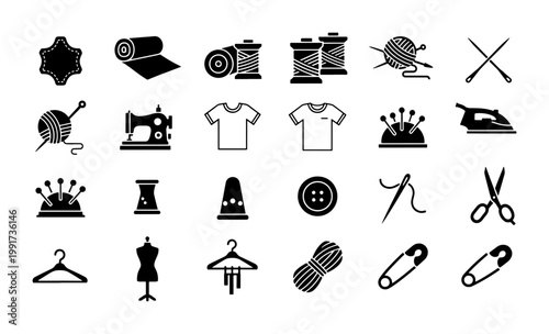 Tailoring and sewing icon set, black silhouette garment industry symbols, 24 vector elements for dressmaking and fashion design