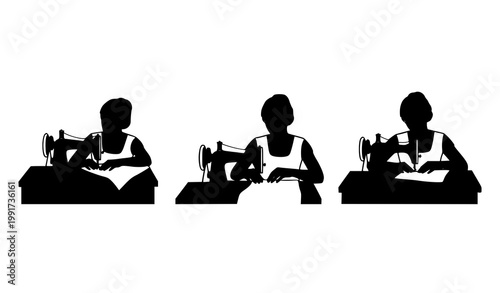 Woman sewing silhouette set with vintage sewing machine scenes in different poses isolated on white background