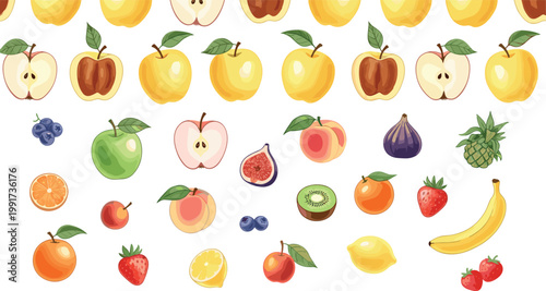Seamless fruit collection with apples citrus banana fig kiwi and berries, colorful fresh organic food vector illustration set isolated background