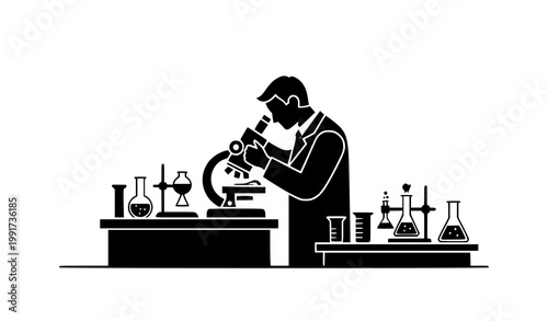 Scientist analyzing specimen with microscope in laboratory silhouette vector in flat minimal style isolated on white