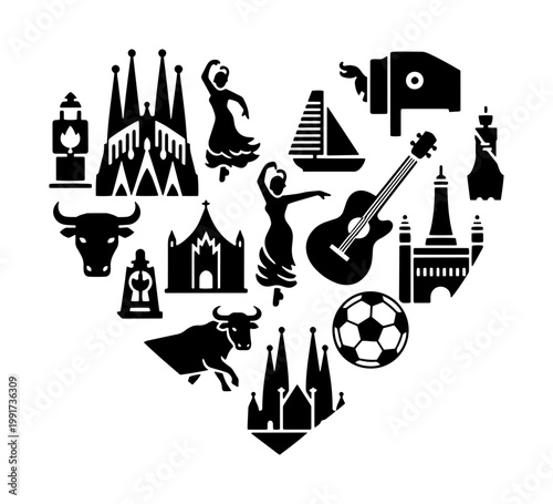 Spanish culture heart icons vector, black silhouette symbols of Spain, traditional flamenco dancer and bull icons, travel and tourism concept
