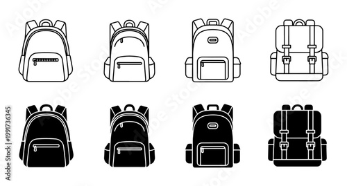 Minimalist backpack icon set, 8 school bag vector illustrations, black and white rucksack line art symbols for travel and education apps