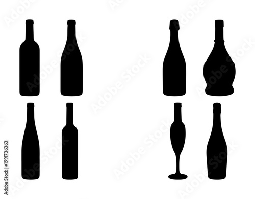Minimalist wine bottle silhouettes, set of 8 alcohol glass bottle icons, black vector shapes for bar menus and winery branding