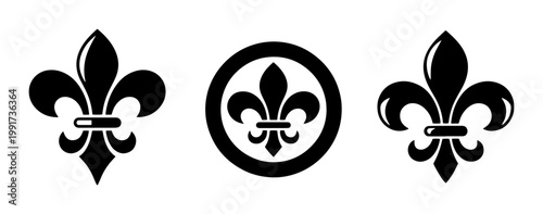 Vintage fleur de lis icons set, black lily flower heraldic symbols, royal french floral ornaments, 3 vector elements for luxury branding and crest design