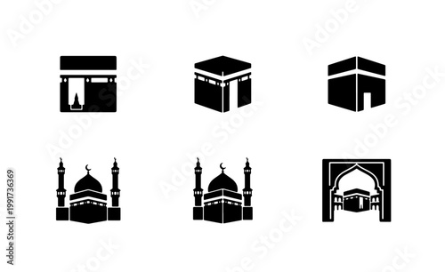 Islamic Kaaba and Mosque icon set, black silhouette religious symbols for Hajj and Umrah, 6 vector elements for Muslim pilgrimage and prayer
