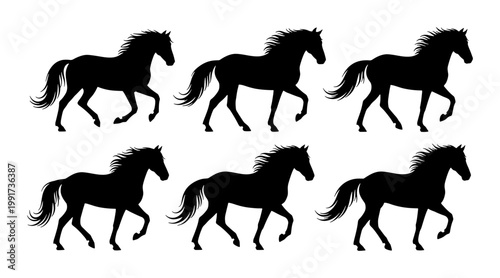 Black horse silhouettes set, collection of 6 galloping stallions in profile, wild mustang animal vector icons for equestrian sports and ranch logos