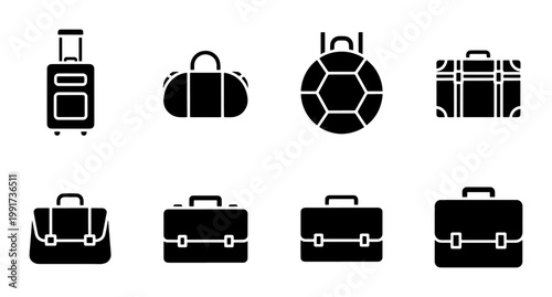 Minimalist travel bag icon set, black solid luggage and briefcase symbols, collection of 8 vector baggage elements for tourism and business
