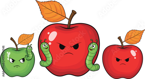 Angry apple characters with worms inside, cartoon fruit mascots showing emotions and autumn leaves, colorful vector illustration isolated background