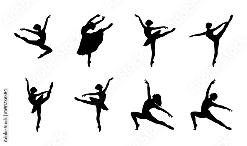 Canvas Print Graceful ballet dancer silhouettes, set of 8 ballerina vector icons, elegant fem