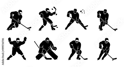Ice hockey player silhouettes set, professional hockey athlete action poses, black vector icons of skaters and goalie, sports competition graphics