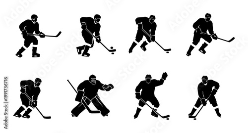 Ice hockey player silhouette collection, set of 8 professional athlete vector icons, black hockey goalie and skater figures for sports design