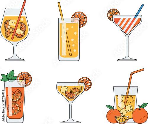 Citrus cocktail drinks collection with orange slices in different glasses, refreshing summer beverages set vector illustration isolated on light background