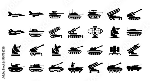 Military vehicle icons set, black silhouette army tanks and armored transport vectors, 28 war equipment symbols for defense and combat infographics